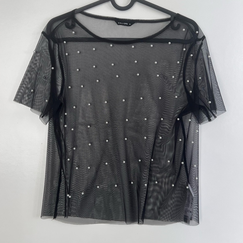 Elegant Black Sheer Blouse with Pearl Accents